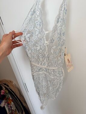 Delicate Lace Plunge Teddy in Pale Blue (never worn - tags on)